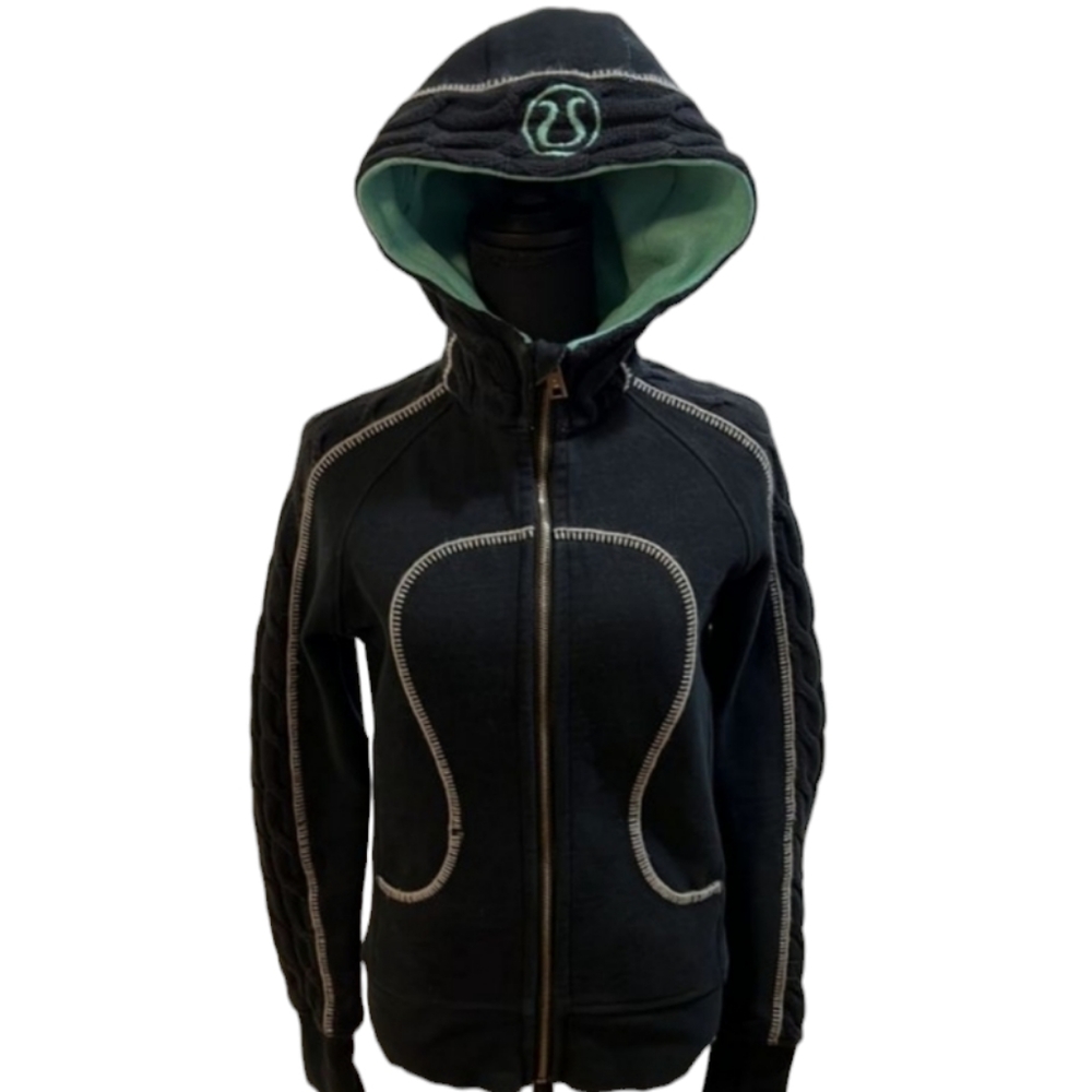 Lululemon Scuba Hoodie Black‎ Cable Knit Whipstitch Full Zip Mint Green Lining